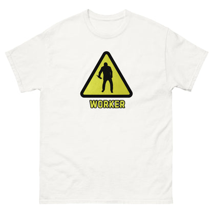 The Worker T-Shirt by FunnyDripStore features a yellow triangular warning sign with a worker silhouette and bold yellow WORKER text on black—a funny shirt for anyone who enjoys meme apparel and humorous graphic tees.
