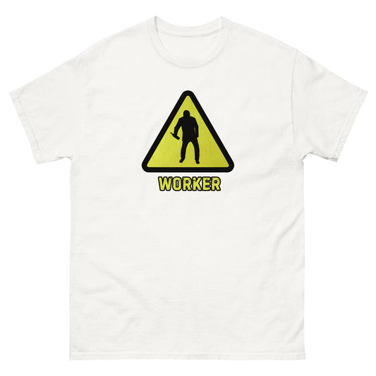 The Worker T-Shirt by FunnyDripStore features a yellow triangular warning sign with a worker silhouette and bold yellow WORKER text on black—a funny shirt for anyone who enjoys meme apparel and humorous graphic tees.