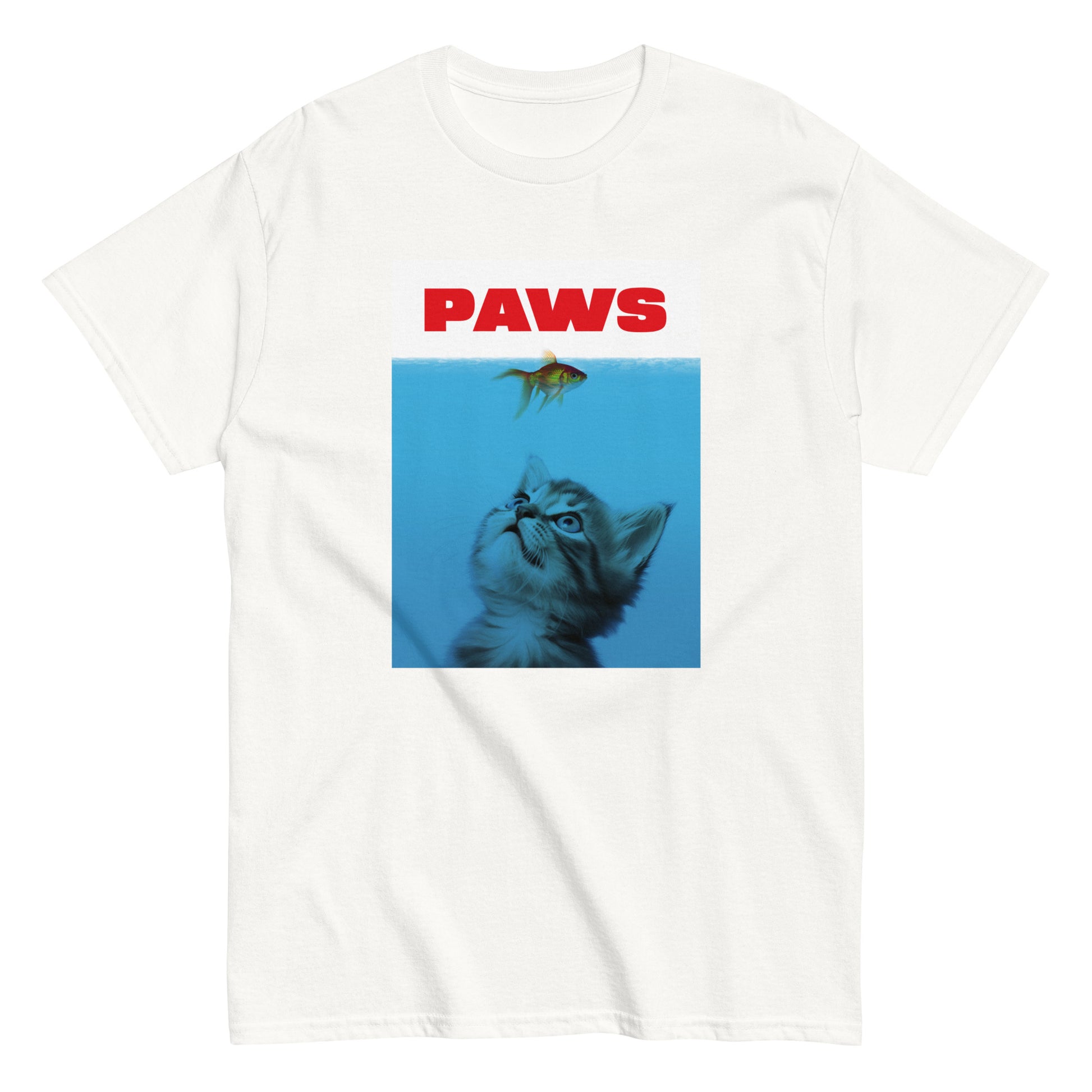 The Paws T-Shirt by FunnyDripStore features a kitten underwater eyeing a goldfish, with PAWS in bold red— a humorous meme shirt parodying the classic Jaws poster.
