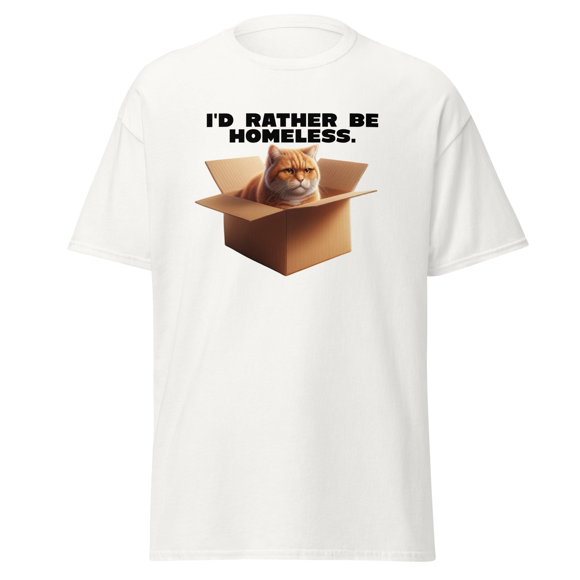 The Id Rather Be Homeless T-Shirt by FunnyDripStore features a grumpy orange cat in a box on a gold tee—perfect quirky merch for cat lovers and fans of clever text shirts.