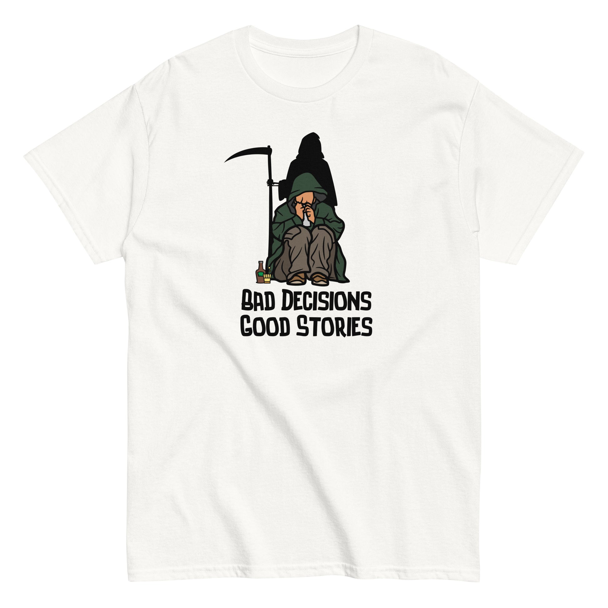 The FunnyDripStore Bad Decisions Good Stories T-Shirt is a white tee featuring a cartoon Grim Reaper with a drink and cigarette, plus bold text—perfect for fans of witty and funny style.