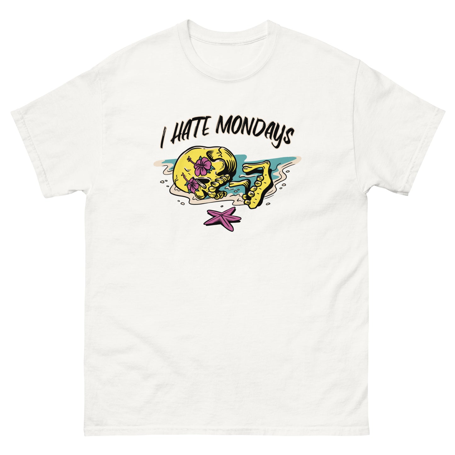 The FunnyDripStore I Hate Mondays T-Shirt in white features a cartoon skeleton lounging on the beach with sunglasses, drink, and starfish, plus bold I HATE MONDAYS text—a perfect funny merch gift.