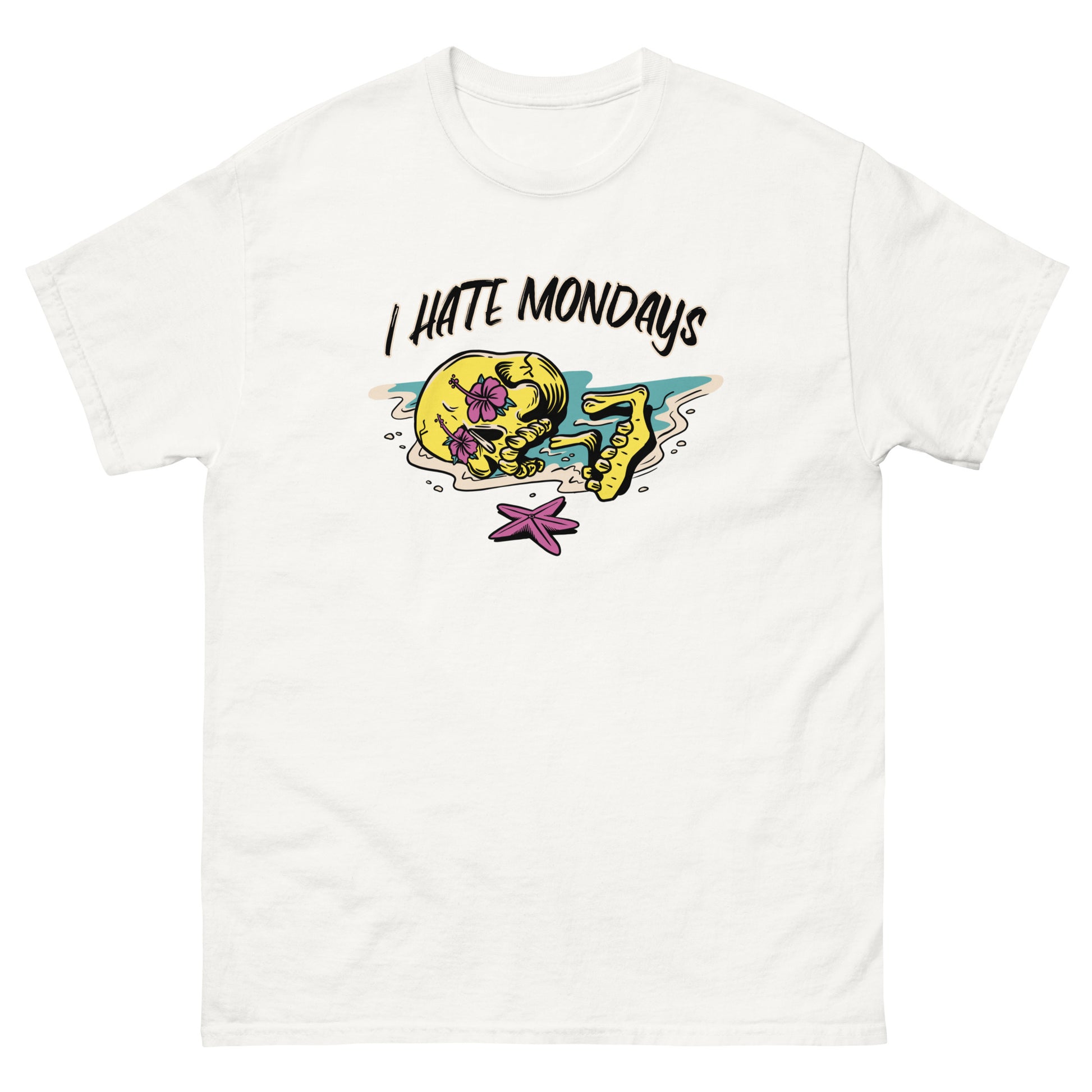 The FunnyDripStore I Hate Mondays T-Shirt in white features a cartoon skeleton lounging on the beach with sunglasses, drink, and starfish, plus bold I HATE MONDAYS text—a perfect funny merch gift.