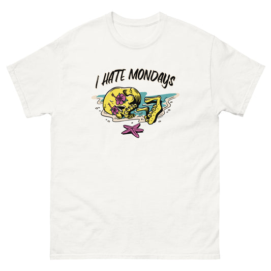 The FunnyDripStore I Hate Mondays T-Shirt in white features a cartoon skeleton lounging on the beach with sunglasses, drink, and starfish, plus bold I HATE MONDAYS text—a perfect funny merch gift.