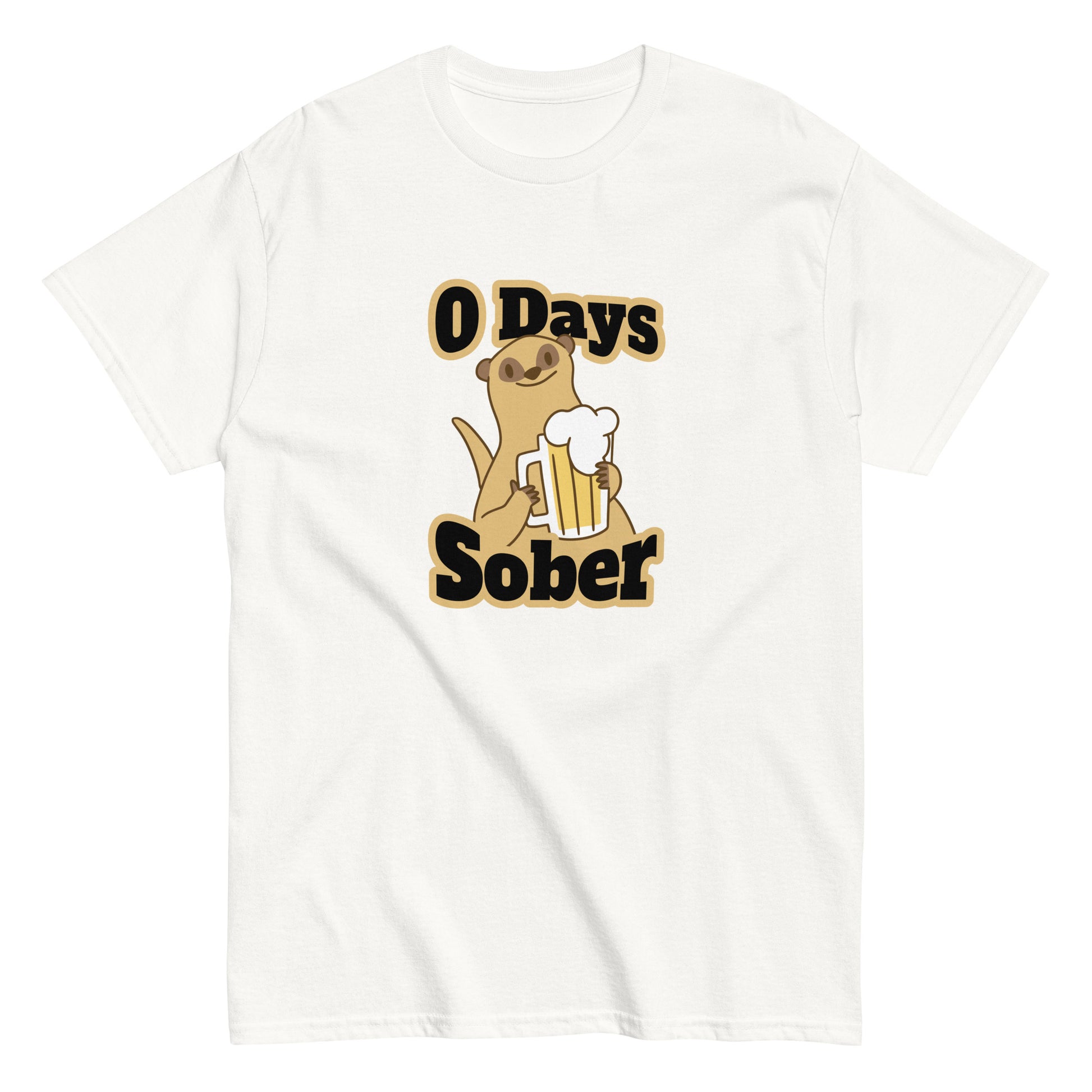 The 0 Days Sober T-Shirt by FunnyDripStore features a cartoon meerkat with a beer mug and bold 0 Days Sober text, printed on a navy shirt—ideal quirky, funny clothing for fans of humorous style.