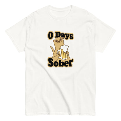 The 0 Days Sober T-Shirt by FunnyDripStore features a cartoon meerkat with a beer mug and bold 0 Days Sober text, printed on a navy shirt—ideal quirky, funny clothing for fans of humorous style.