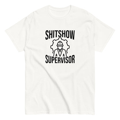 The Shitshow Supervisor T-Shirt by FunnyDripStore features “SHITSHOW SUPERVISOR” in white and a supervisor line drawing—perfect funny merch for meme lovers seeking humor tees.