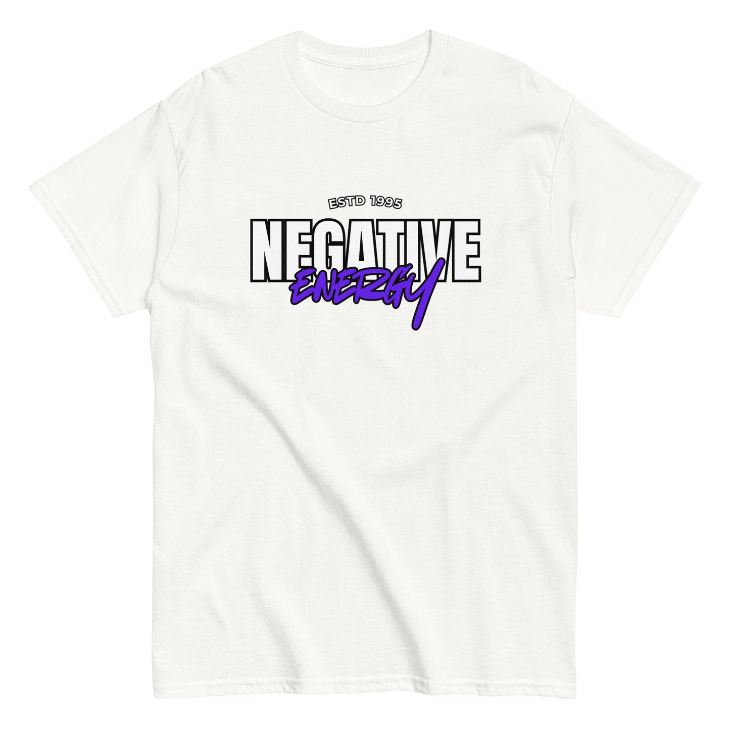 The Negative Energy T-Shirt by FunnyDripStore is a white tee featuring bold black and purple ESTD 1996 NEGATIVE ENERGY lettering—perfect for fans of witty, playful merch.