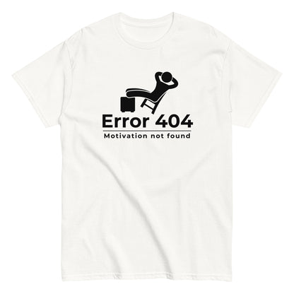 The FunnyDripStore Error 404 T-Shirt in black features a graphic of a relaxed person and the “Motivation not found” caption—perfect for showing off your laid-back mood with humor.